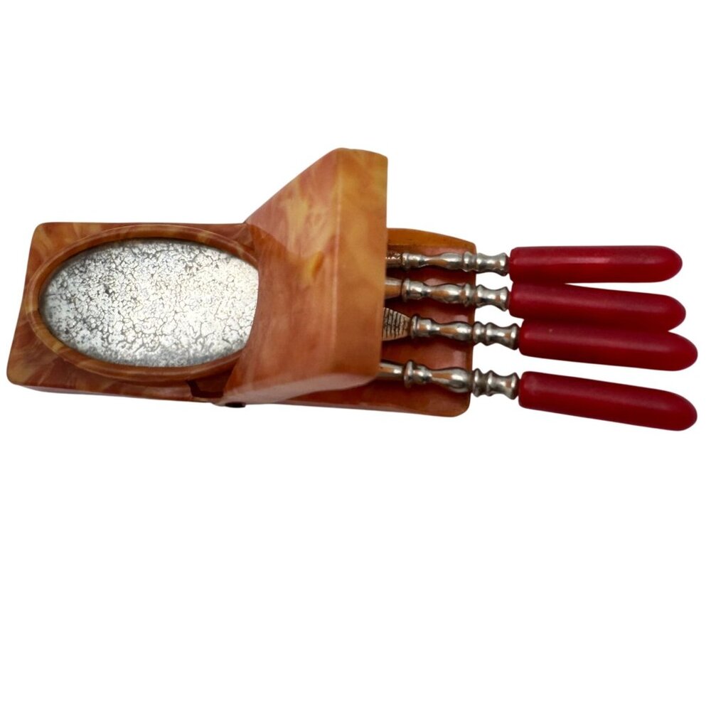 Vintage Bakelite Nail Care Tool Set Red Handle Silver Tip Manicure Kit